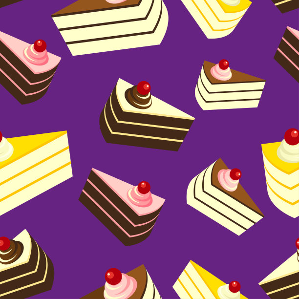 美味的蛋糕在紫罗兰背景，无缝图案图片下载
