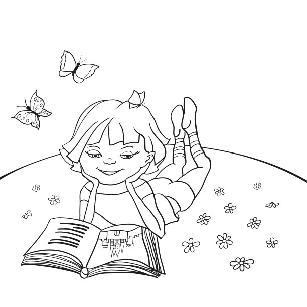小女孩在草地上读童话图片下载