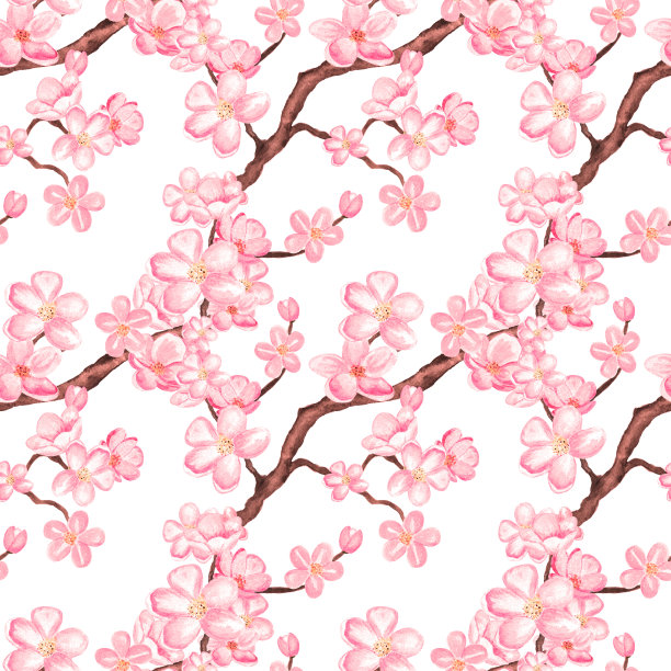 水彩无缝图案有樱花、樱桃树图片下载