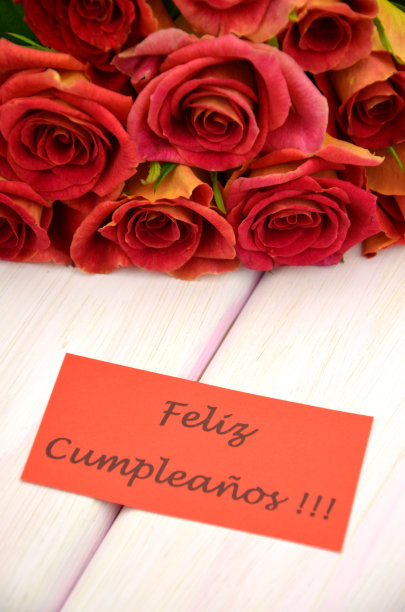 用西班牙语祝你生日快乐，还有一束漂亮的红玫瑰图片下载