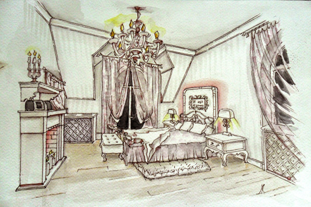 卧室内部，图形，手绘。图片下载