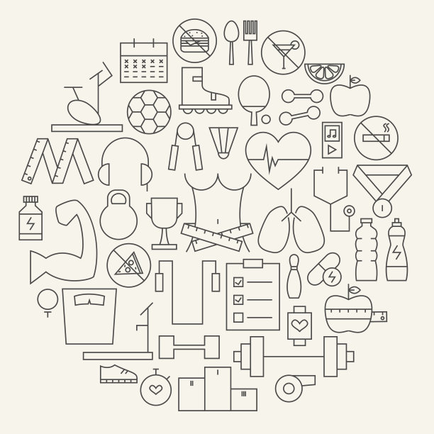 健身和节食线图标设置圆形形状图片下载