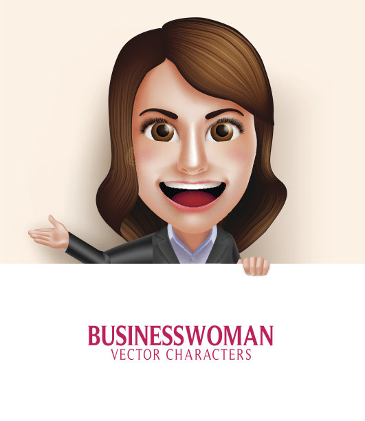 手持空白banner的微笑女商人矢量角色图片下载