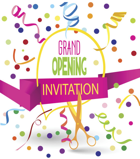 盛大开业彩色平面矢量插图与纸丝带图片下载