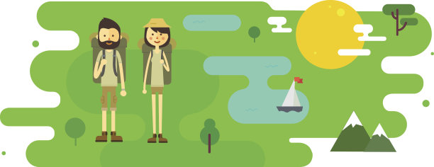 平面卡通夫妇与远足设备插图图片下载