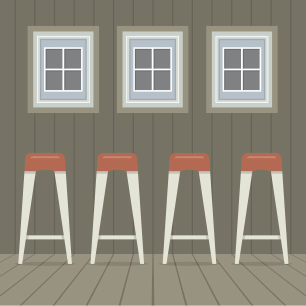 复古风格的三扇窗户下的四个凳子椅子图片下载
