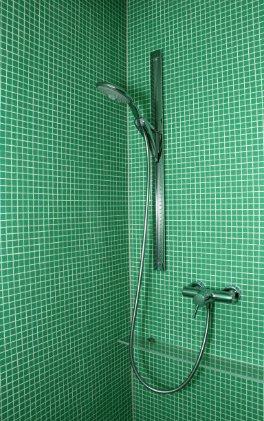 洒在绿色马赛克瓷砖墙上图片下载