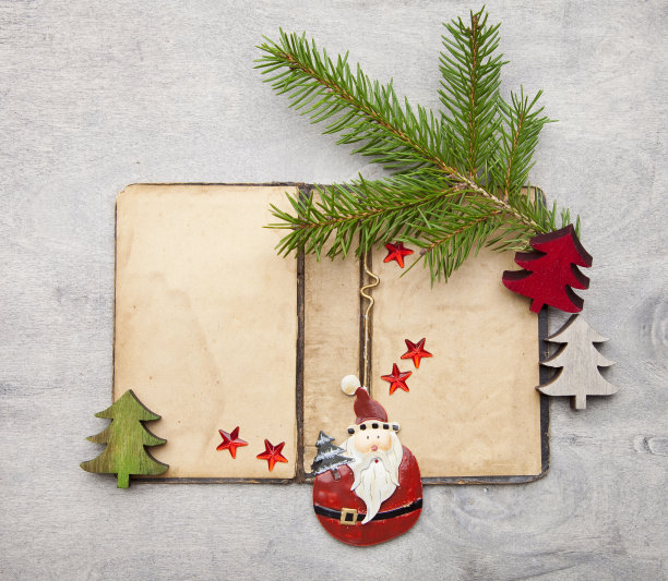 旧的，发黄的空书页与圣诞装饰背景图片下载