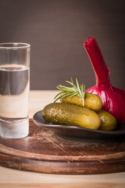 伏特加配腌黄瓜和大蒜的照片图片下载