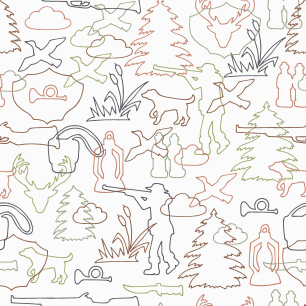 矢量狩猎无缝模式-手绘涂鸦狩猎插图图片下载