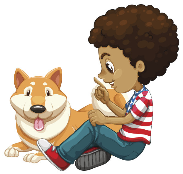 一个非裔美国男孩和一只宠物狗图片下载
