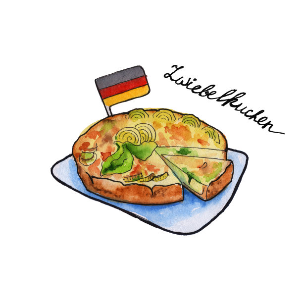 德国美食zwiebelkuchen香肠。孤立。水彩图片下载