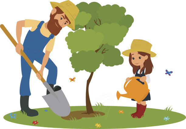 爸爸和女儿在户外种树。图片下载