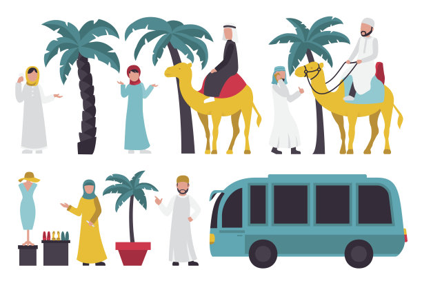 迪拜扁平风格素材，白色背景上的人物矢量插画图片下载