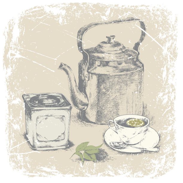 一盒茶，一杯茶，茶叶，柠檬。矢量图图片下载