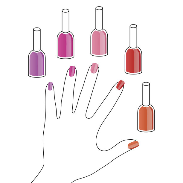 手紫色，粉红色，红色，橙色指甲油插图向量图片下载