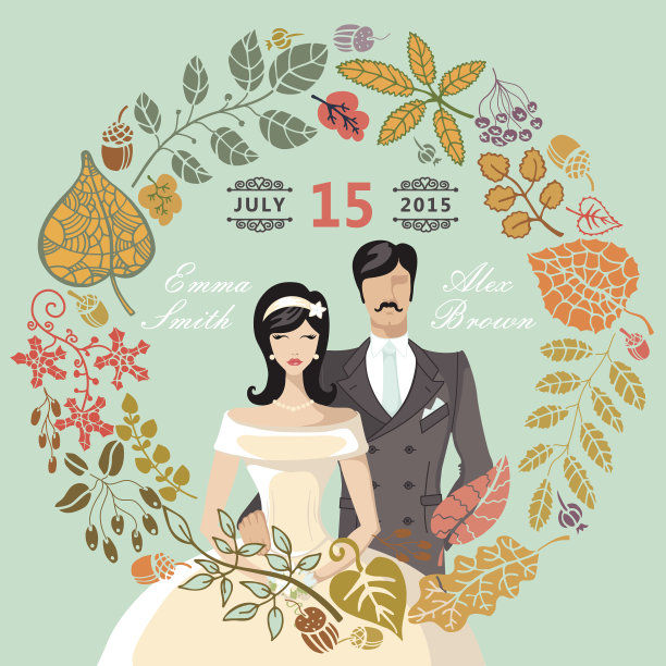 可爱的婚礼请柬配上新郎、新娘、秋叶花环图片下载