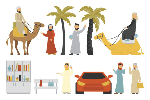迪拜扁平风格素材，白色背景上的人物矢量插画图片下载