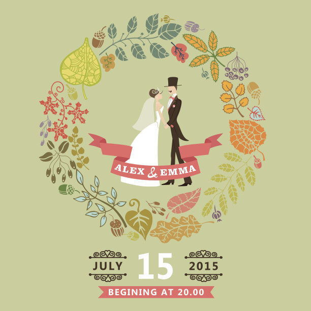 可爱的婚礼请柬配上新娘、新郎、秋叶花环图片下载