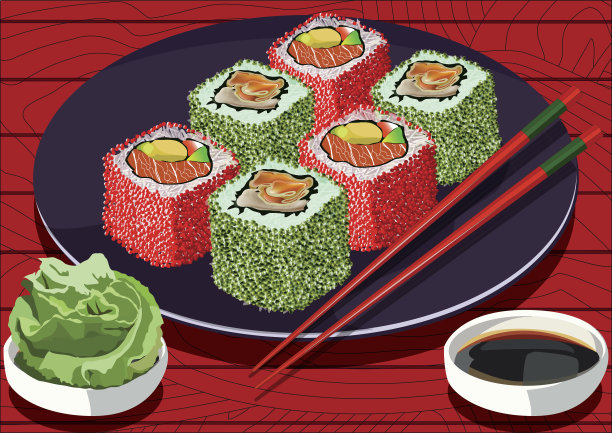 寿司,Uramaki。用筷子，酱油和芥末图片下载