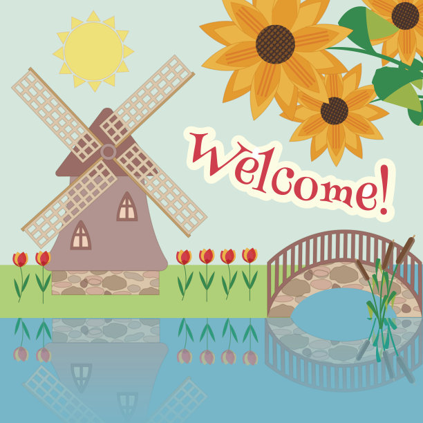 乡村景观有郁金香，风车和一座桥。铭文欢迎图片下载