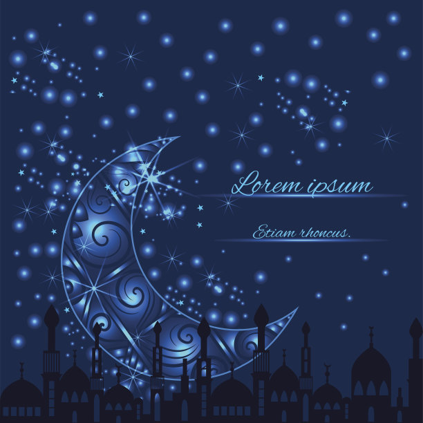 带有新月和清真寺剪影的贺卡图片下载