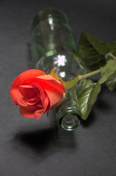 空的白葡萄酒酒瓶，黑色背景上有红玫瑰图片下载