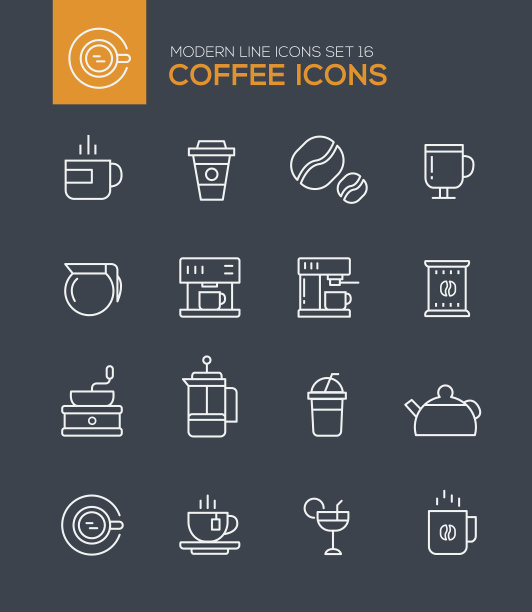 一套现代线条图标的咖啡图标图片下载