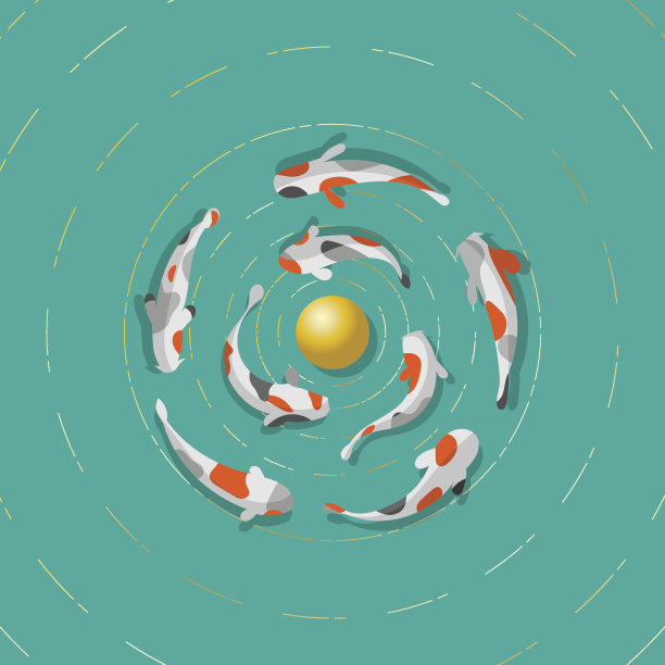 8条锦鲤围绕着一个金色的球体游泳。图片下载