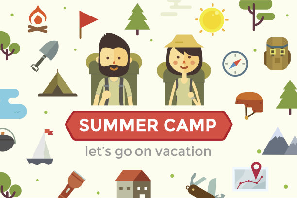 平面卡通夫妇与远足设备孤立的白色背景图片下载