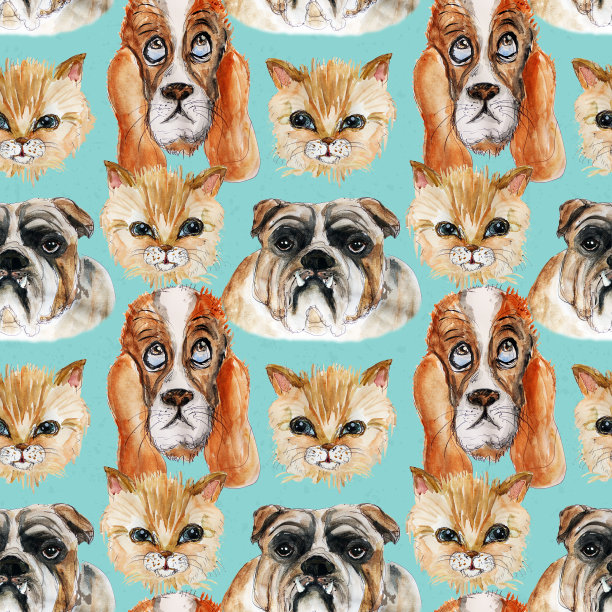 水彩手绘宠物设置彩色无缝背景图片下载