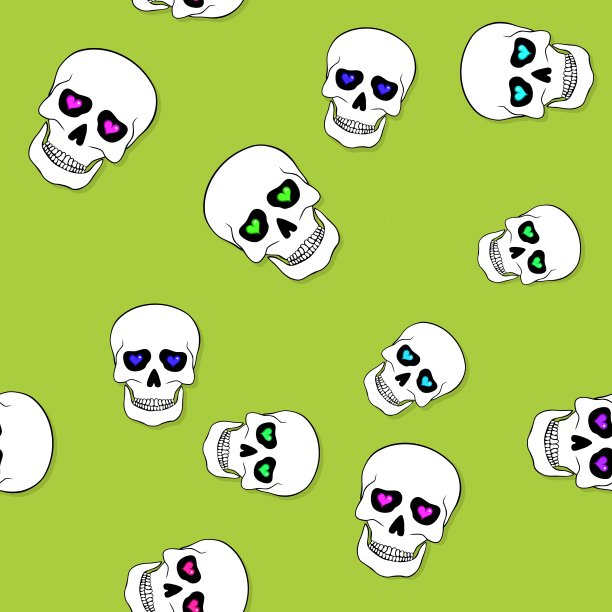 蓝色上有头骨和心形的无缝图案图片下载