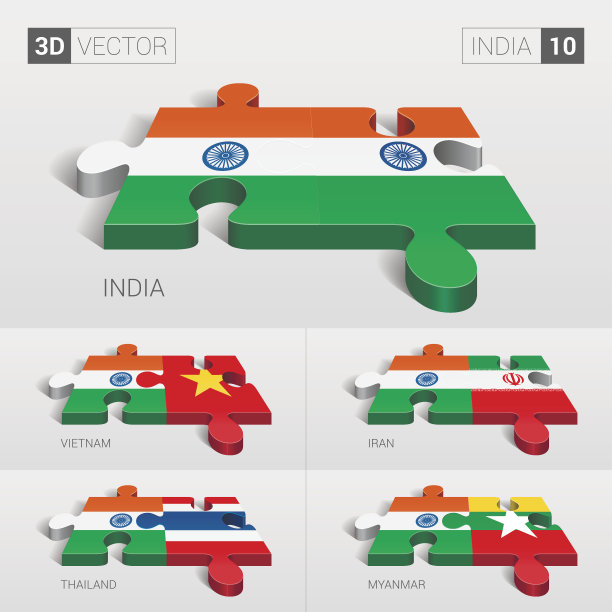 印度国旗，3d矢量拼图。设置10。图片下载