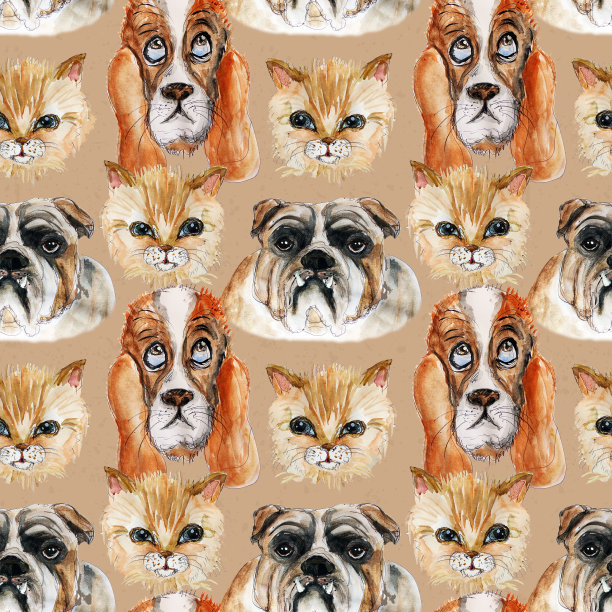 水彩手绘宠物设置彩色无缝背景图片下载