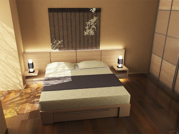 东方风格的卧室设计，3d渲染素材图片