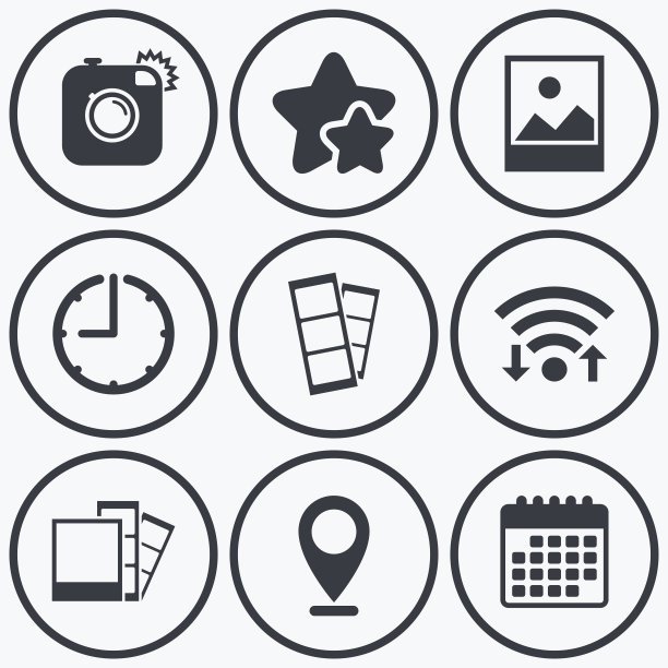 照片的相机图标。闪光灯和景观。图片下载