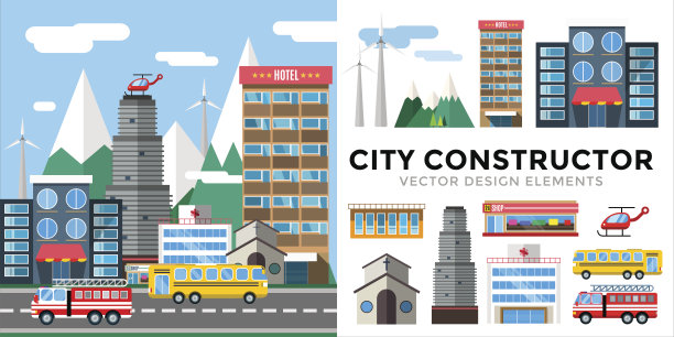 建筑和城市交通平面风格插图图片下载