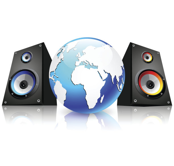 带两个扬声器的蓝色地球仪图片下载