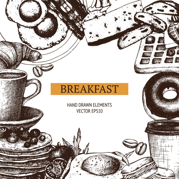 早餐菜单上的矢量食物。图片下载