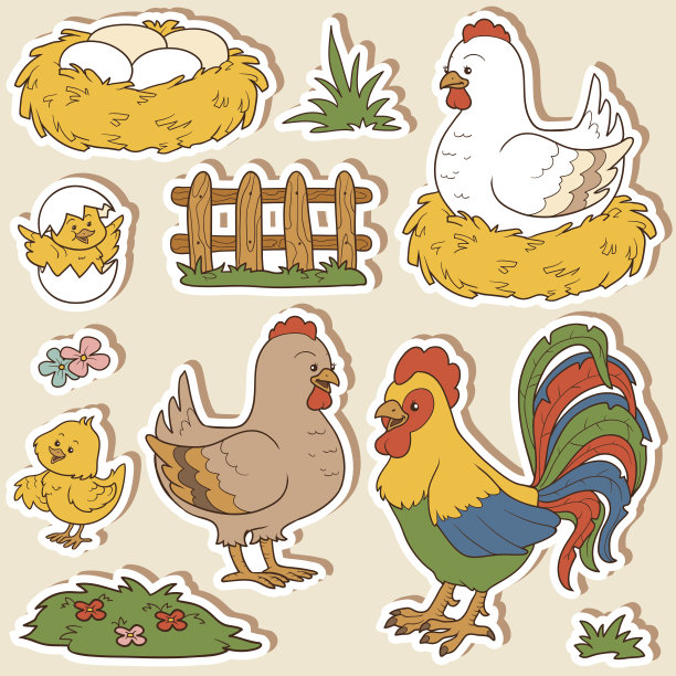 农场动物和物体的颜色设置，载体家庭鸡图片下载