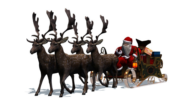 圣诞老人拉着雪橇和驯鹿在白色背景上分开图片下载