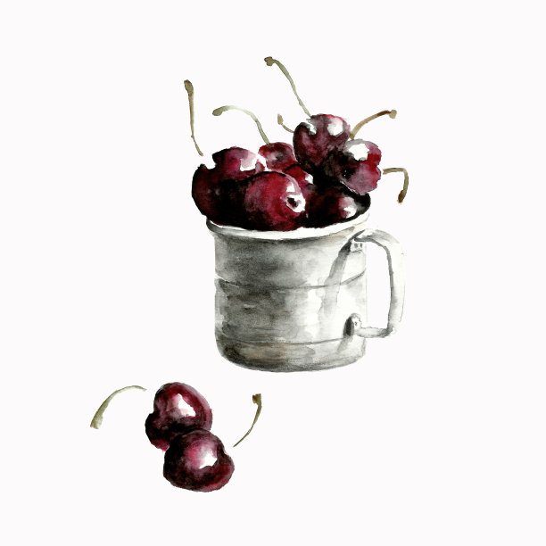水彩背景与铁杯樱桃图片下载