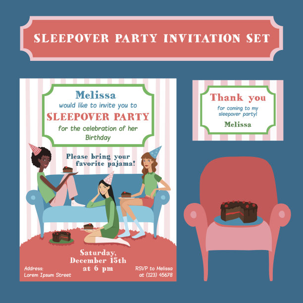 一套矢量少女生日派对插图和谢谢图片下载