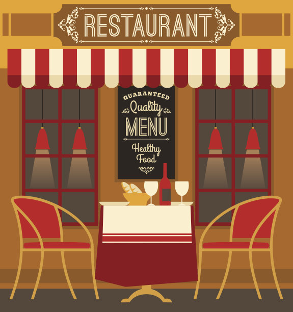 矢量现代平面餐厅设计插画。图片下载