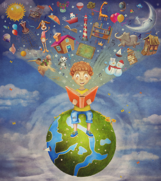 小男孩坐在星球上看书素材图片