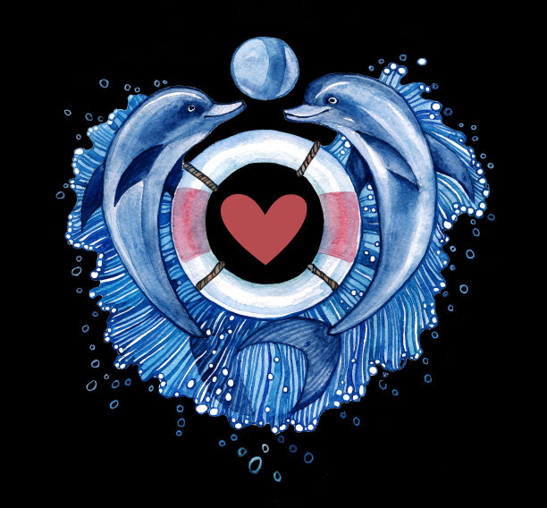 海豚和救生圈水彩画插图。图片下载