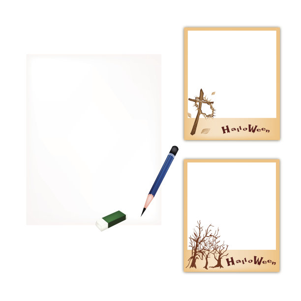 铅笔和万圣节相框与空白纸图片下载