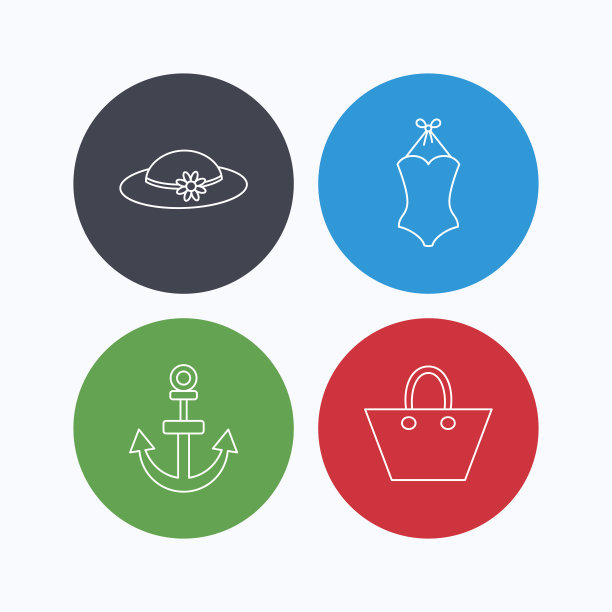锚，女士手袋和泳衣图标。图片下载
