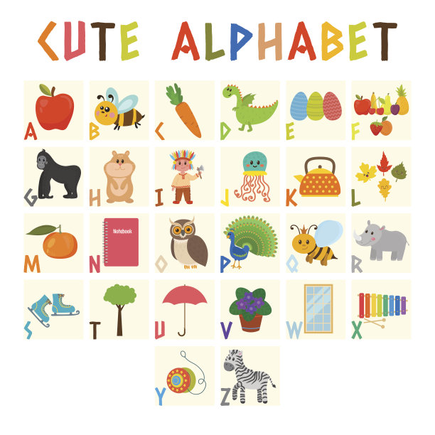 孩子们用可爱的卡通动物拼字母图片下载