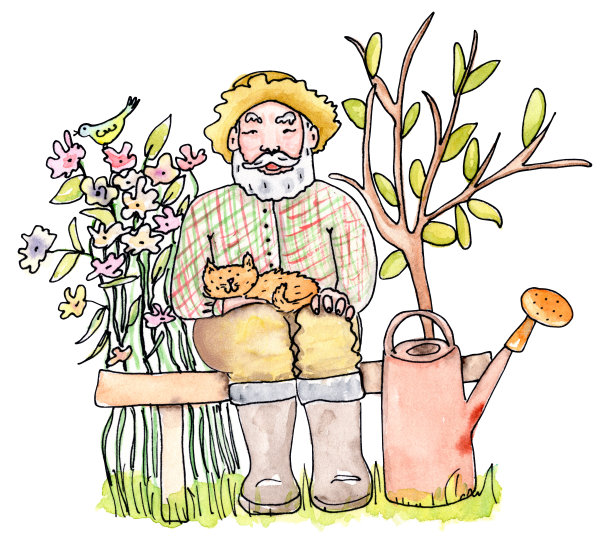 老人园丁附近花树水彩画图片下载